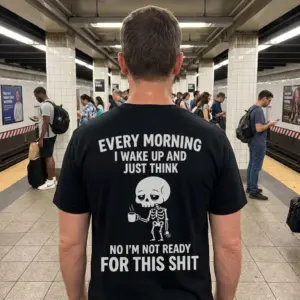Tired Skeleton Morning Humor T-Shirt 11 Casual lifestyle view displaying the back print of the exhausted skeleton morning graphic garment.