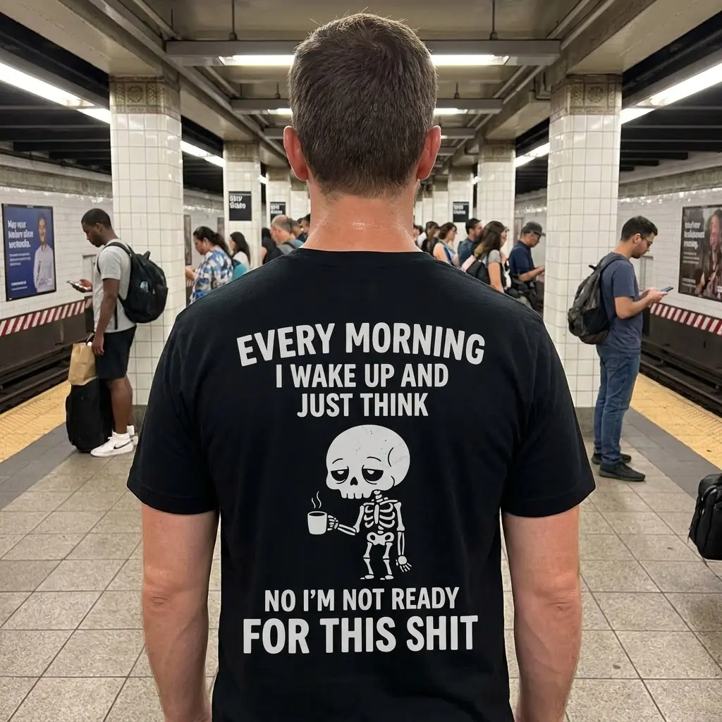 Casual lifestyle view displaying the back print of the exhausted skeleton morning graphic garment.
