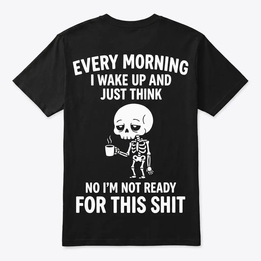 Back of a black t-shirt featuring a tired skeleton holding coffee with text about not being ready for the morning.