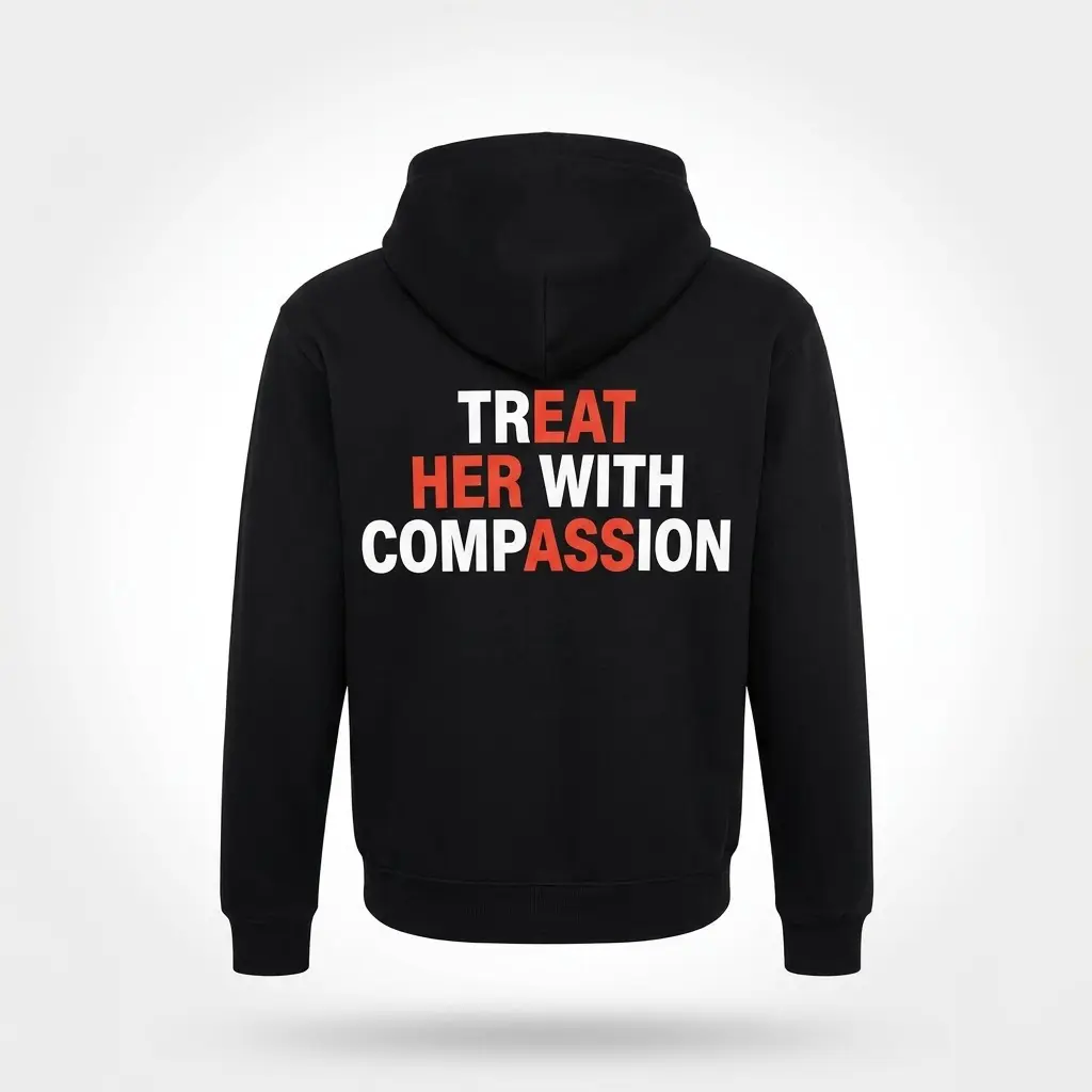 Treat Her With Compassion T-Shirt 2 Back view of a flatlay hoodie with 'Treat Her With Compassion' visual pun design.