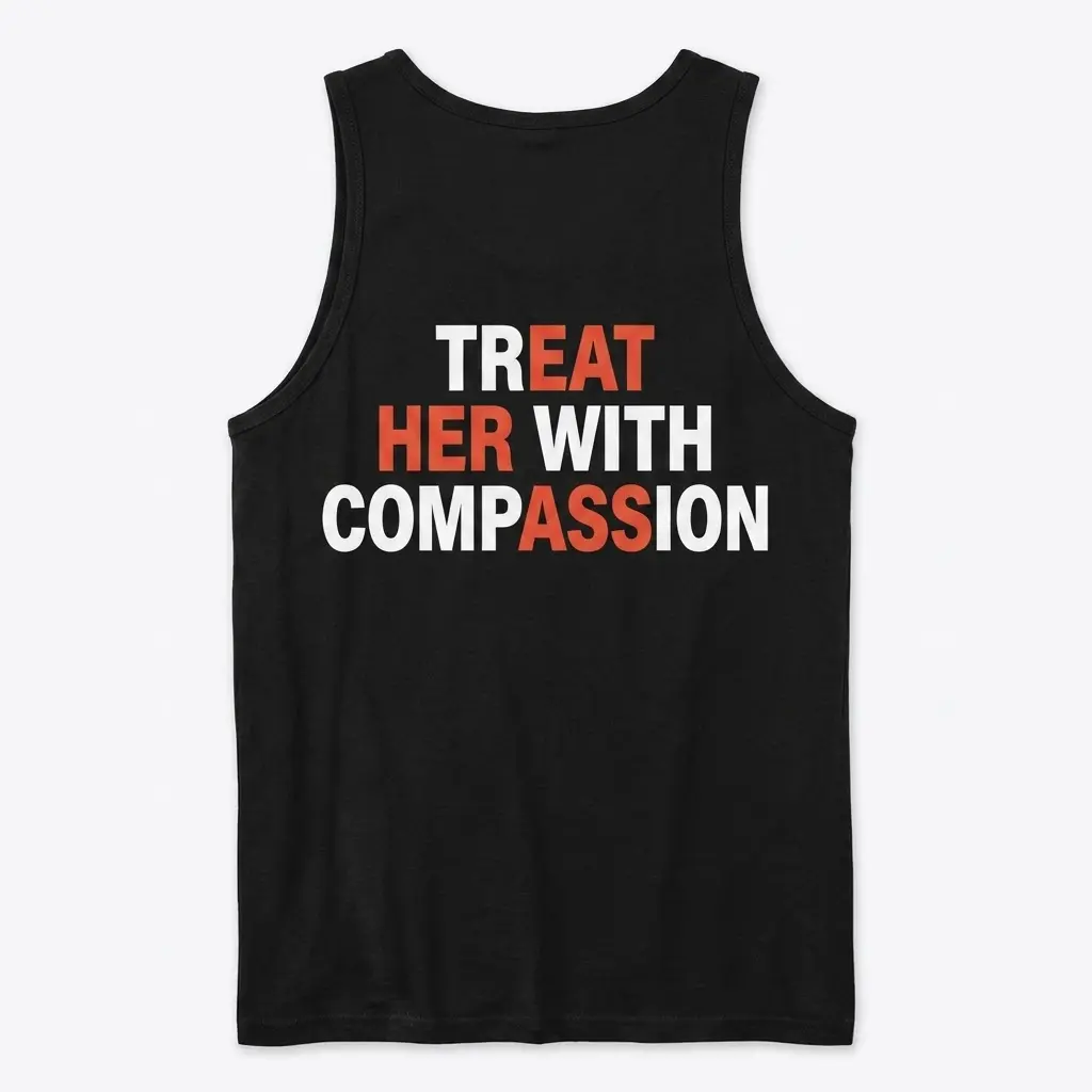 Treat Her With Compassion T-Shirt 3 Back view of a flatlay tank top featuring 'Treat Her With Compassion' wordplay text.