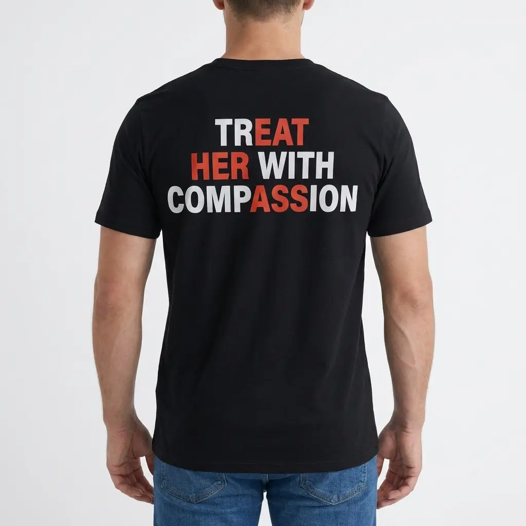 Treat Her With Compassion T-Shirt 4 Male model wearing a humorous designer t-shirt with 'Treat Her With Compassion' on the back.