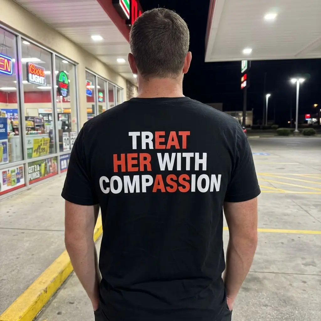 Treat Her With Compassion T-Shirt 5 Casual scene with people wearing a tee saying 'Treat Her With Compassion' for a fun vibe.