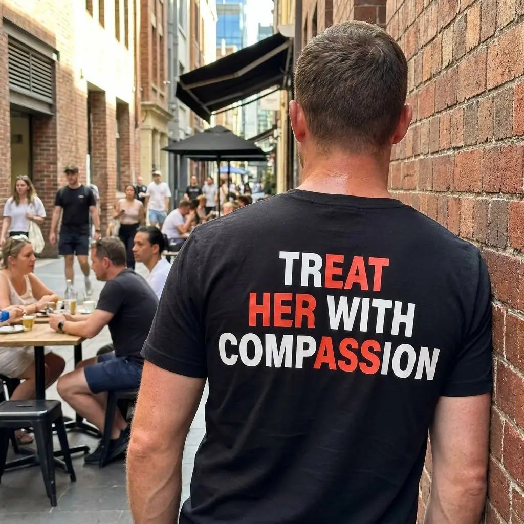 Treat Her With Compassion T-Shirt 6 Group enjoying outdoors in tees featuring 'Treat Her With Compassion' edgy wordplay design.