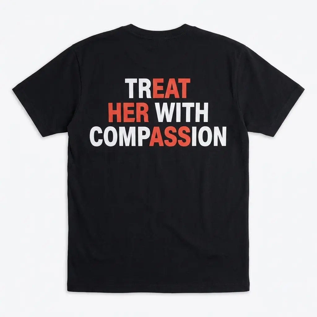 Treat Her With Compassion T-Shirt 1 Back view of a flatlay t-shirt with 'Treat Her With Compassion' text in color-coded letters.