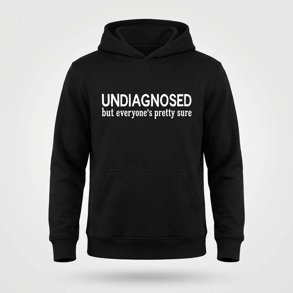 Black hoodie flat lay with the text Undiagnosed but everyone's pretty sure printed in white across the chest.