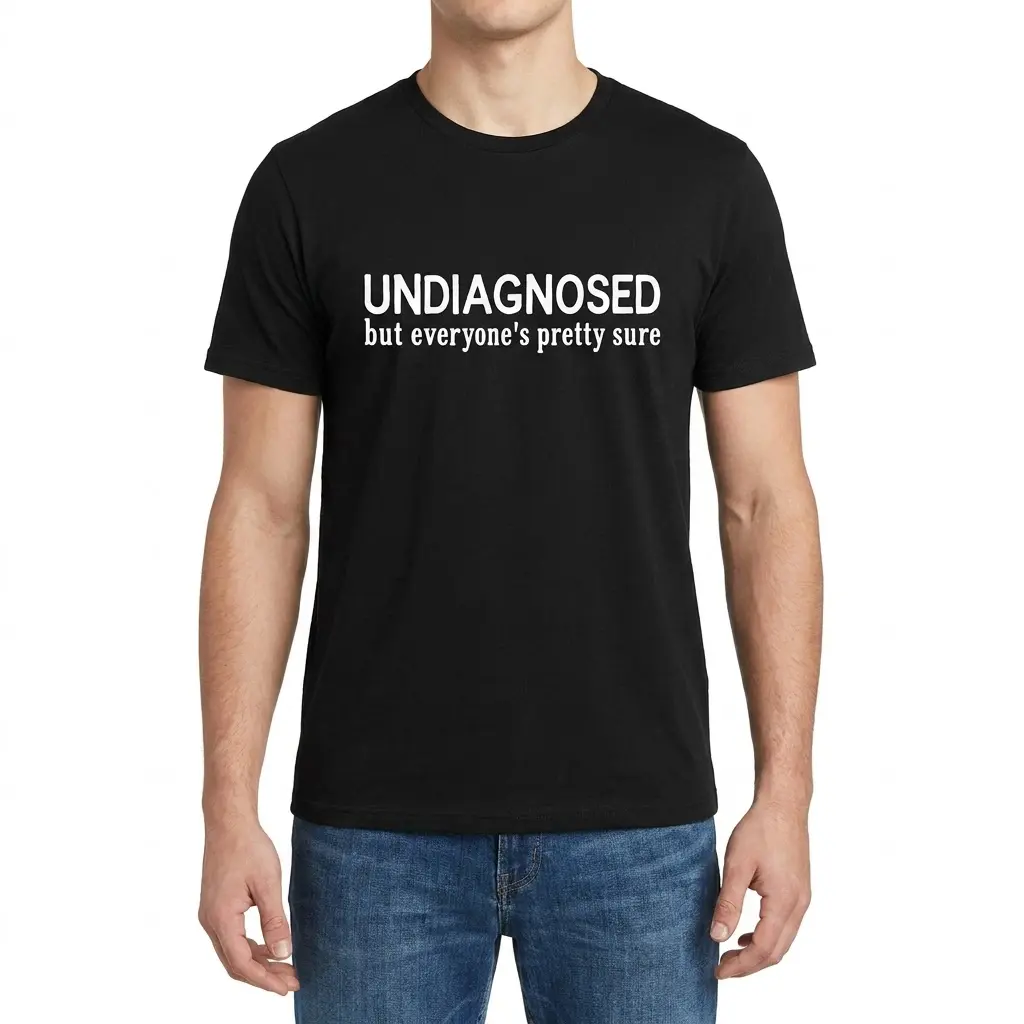 Front view of a male model wearing the black t-shirt printed with Undiagnosed but everyone's pretty sure.