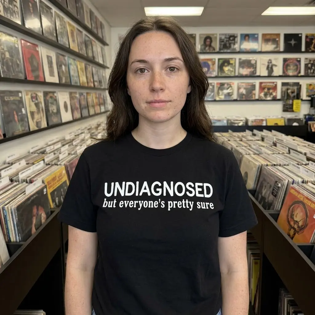 Lifestyle setting showcasing the Undiagnosed but everyone's pretty sure graphic shirt.