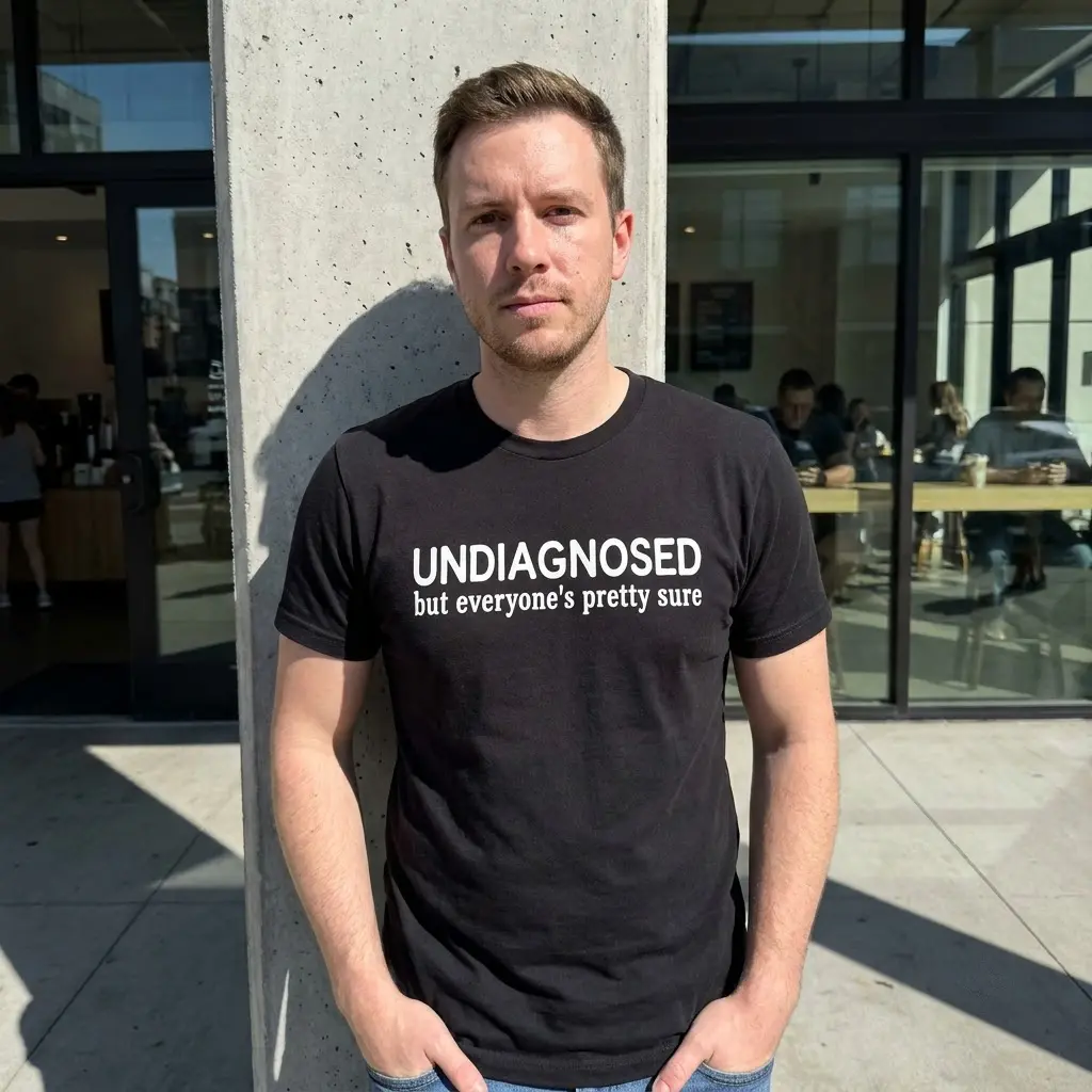 Casual lifestyle view highlighting the sarcastic Undiagnosed shirt design.