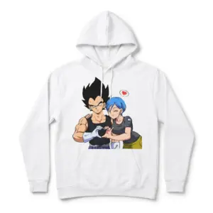 Vegeta and Bulma Heart Anime Couple T-Shirt 7 A front view of the Vegeta and Bulma T-shirt, showcasing a playful design on a white background.