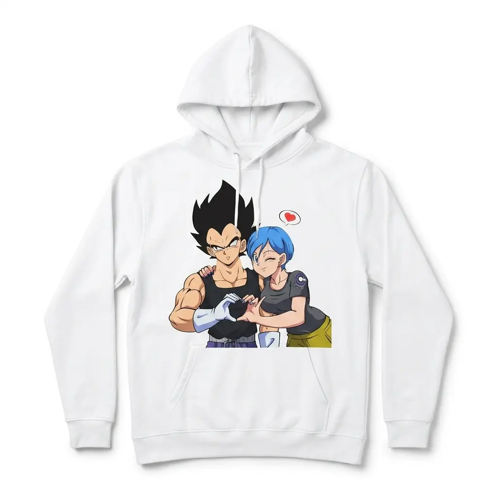 Vegeta and Bulma Heart Anime Couple T-Shirt 2 A front view of the Vegeta and Bulma T-shirt, showcasing a playful design on a white background.