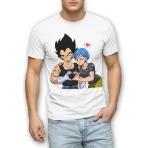 Vegeta and Bulma Heart Anime Couple T-Shirt 8 Close-up of the Vegeta and Bulma shirt, highlighting the colorful graphic of the anime couple.