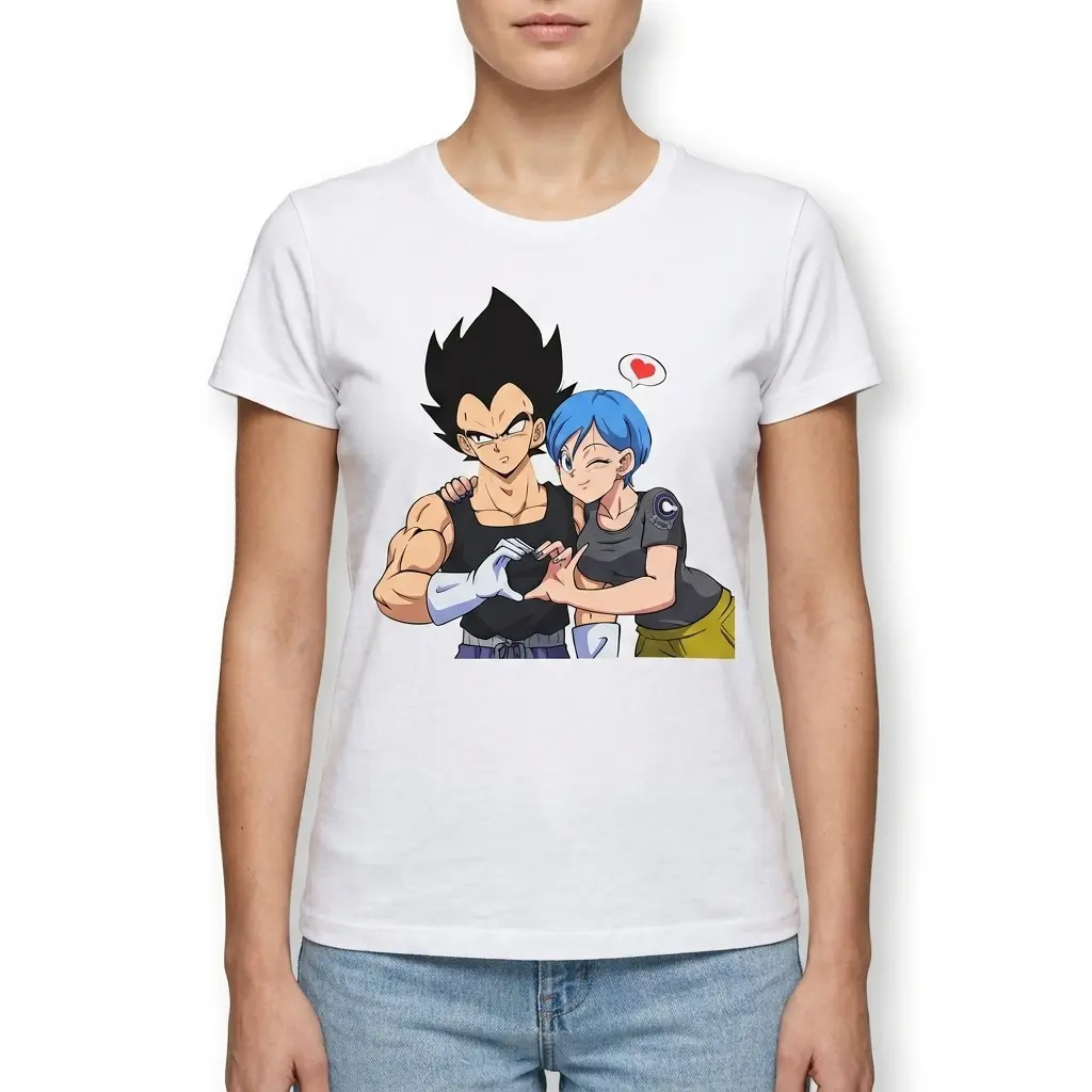 Vegeta and Bulma Heart Anime Couple T-Shirt 4 Side view of the T-shirt featuring the anime couple, emphasizing its casual fit and design.