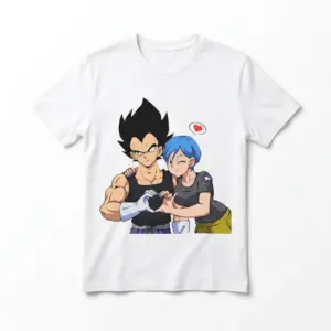 T-shirt featuring Vegeta and Bulma in a heart pose, displaying their affection in a vibrant print.