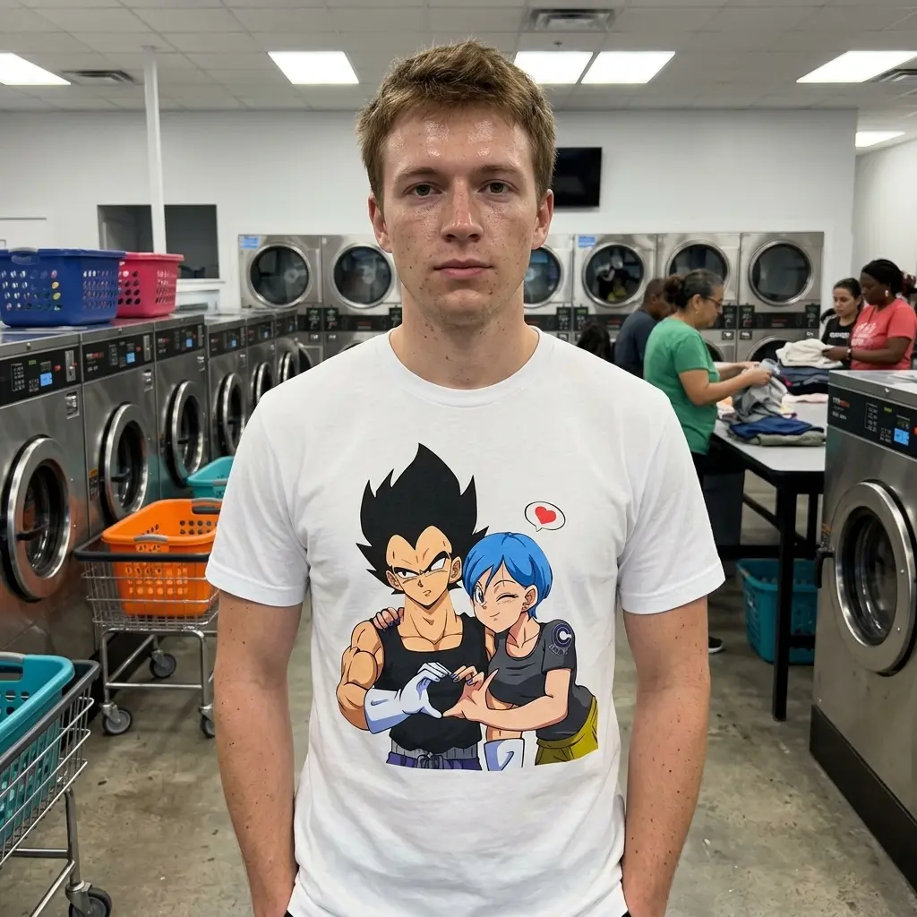 Vegeta and Bulma Heart Anime Couple T-Shirt 6 A model wearing the Vegeta and Bulma T-shirt, showcasing the shirt in a casual outdoor setting.