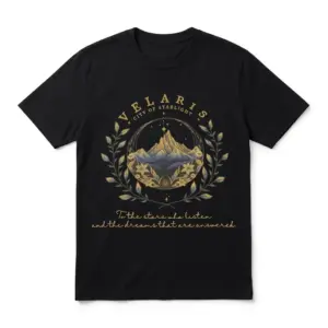 Flat-lay black t-shirt with gold mountain peaks inside a leafy wreath and Velaris City Of Starlight text