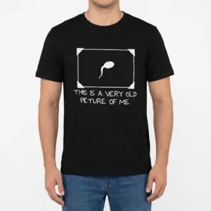 Very Old Picture of Me Funny Graphic T-Shirt 9 Front view of a man wearing the funny black t-shirt with the framed sperm cell design and This Is A Very Old Picture Of Me text.