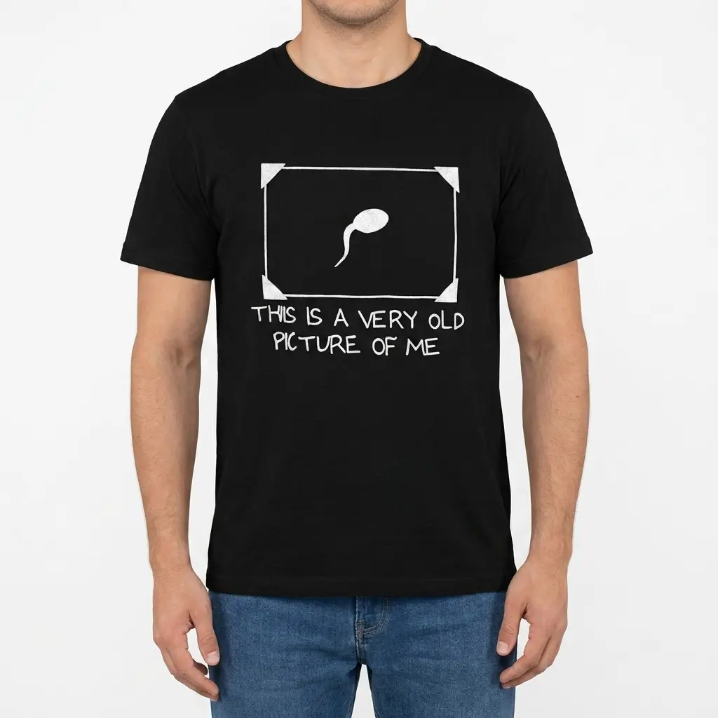 Front view of a man wearing the funny black t-shirt with the framed sperm cell design and This Is A Very Old Picture Of Me text.