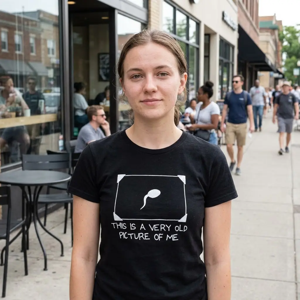 Close-up lifestyle view of the framed sperm cell graphic and humorous text on the shirt.
