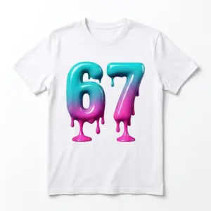 White T-shirt with a colorful dripping '67' design.
