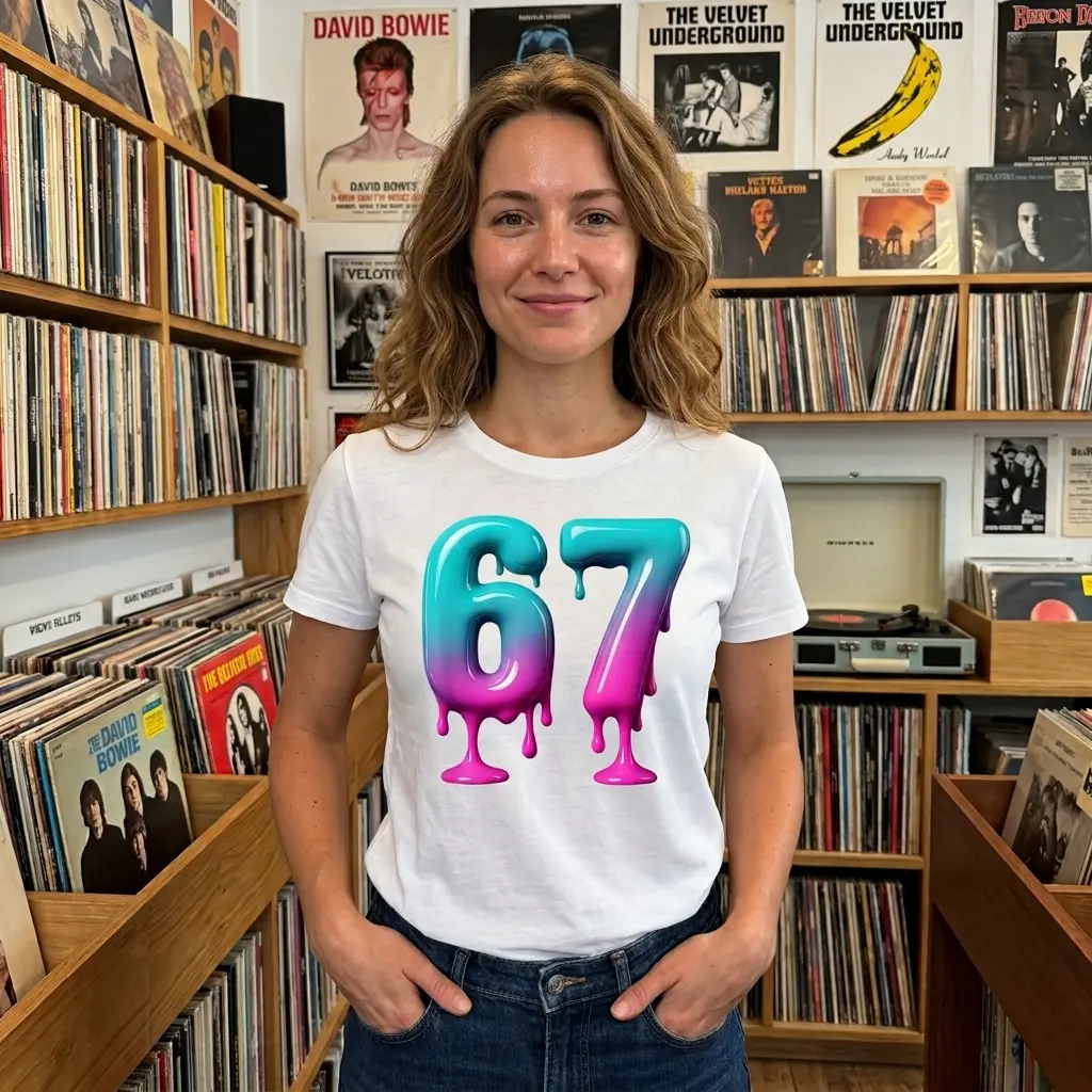 Vintage 1967 Slime Drip Graphic T-Shirt 6 Person wearing a vintage T-shirt with a '67' slime design.