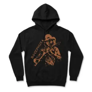 Vintage Bocephus Outlaw Country Music T-Shirt 7 Front view of the black music shirt, highlighting the brown illustration of a man playing a stringed instrument and wearing glasses.