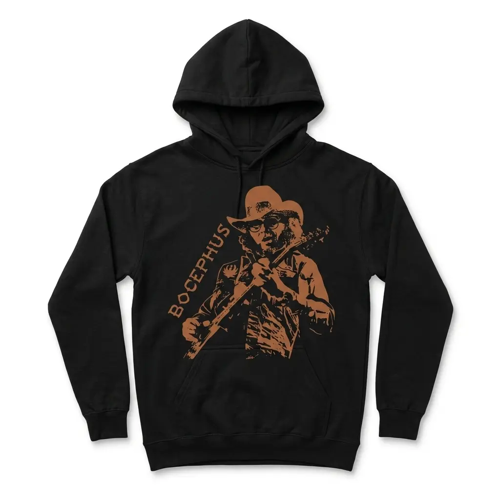 Vintage Bocephus Outlaw Country Music T-Shirt 2 Front view of the black music shirt, highlighting the brown illustration of a man playing a stringed instrument and wearing glasses.