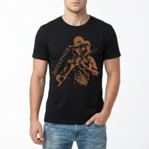 Vintage Bocephus Outlaw Country Music T-Shirt 8 Black Bocephus t-shirt showcasing a stylized brown depiction of a country artist with a beard, hat, and the vertical "BOCEPHUS" text.