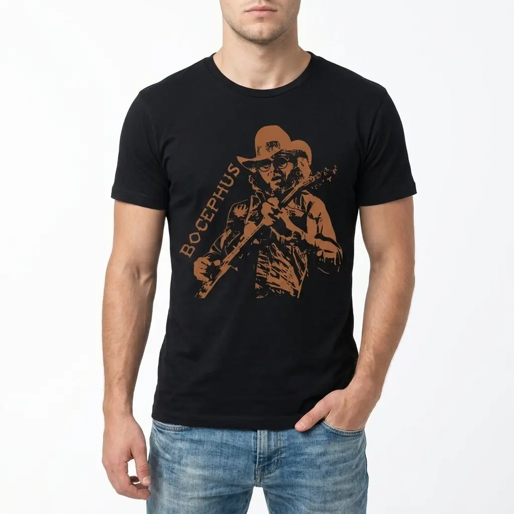 Vintage Bocephus Outlaw Country Music T-Shirt 3 Black Bocephus t-shirt showcasing a stylized brown depiction of a country artist with a beard, hat, and the vertical "BOCEPHUS" text.