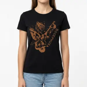 Vintage Bocephus Outlaw Country Music T-Shirt 9 A vintage-style black t-shirt featuring a brown graphic of a musician in a cowboy hat and sunglasses, holding a guitar.