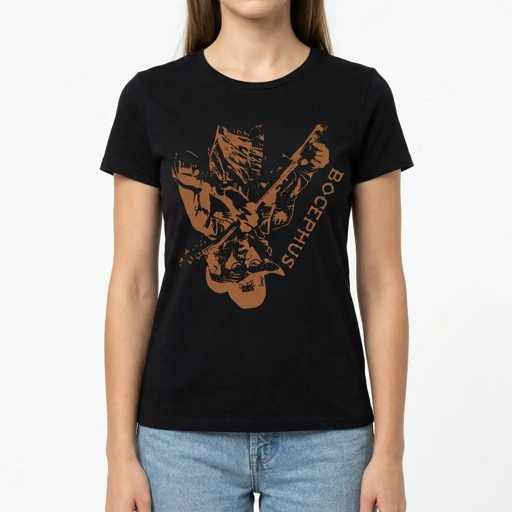 Vintage Bocephus Outlaw Country Music T-Shirt 4 A vintage-style black t-shirt featuring a brown graphic of a musician in a cowboy hat and sunglasses, holding a guitar.