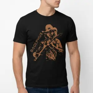 Vintage Bocephus Outlaw Country Music T-Shirt 10 Black short-sleeve t-shirt with a brown graphic of a man in a wide-brimmed hat playing an instrument, and the name "Bocephus" visible.