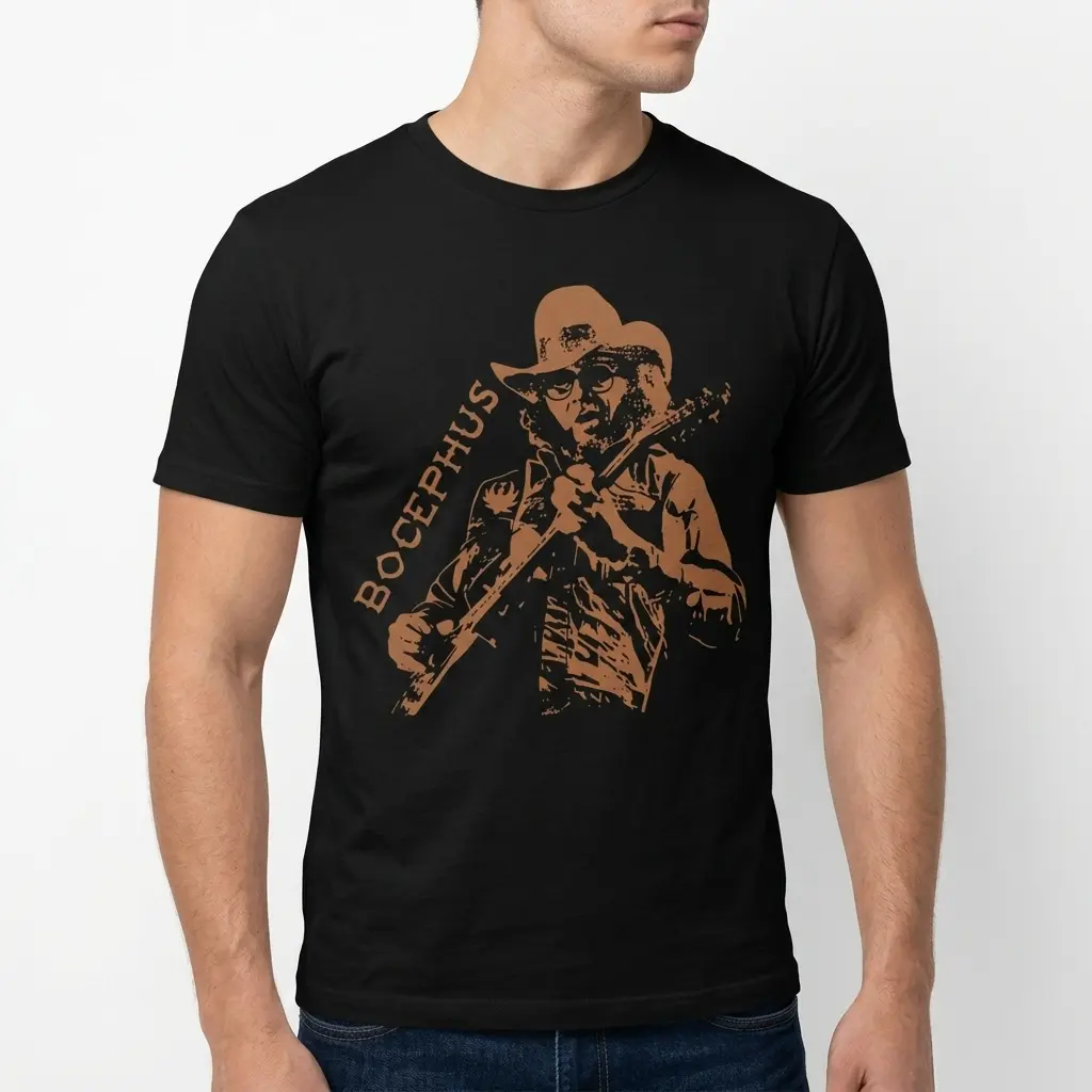 Vintage Bocephus Outlaw Country Music T-Shirt 5 Black short-sleeve t-shirt with a brown graphic of a man in a wide-brimmed hat playing an instrument, and the name "Bocephus" visible.