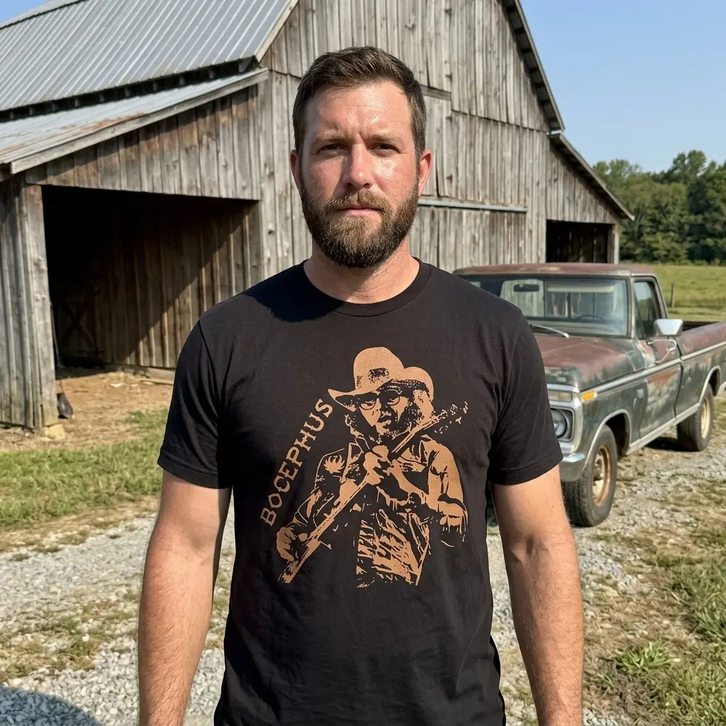 Vintage Bocephus Outlaw Country Music T-Shirt 6 Black t-shirt, front view, featuring the brown "Bocephus" musician graphic in a vintage country style.