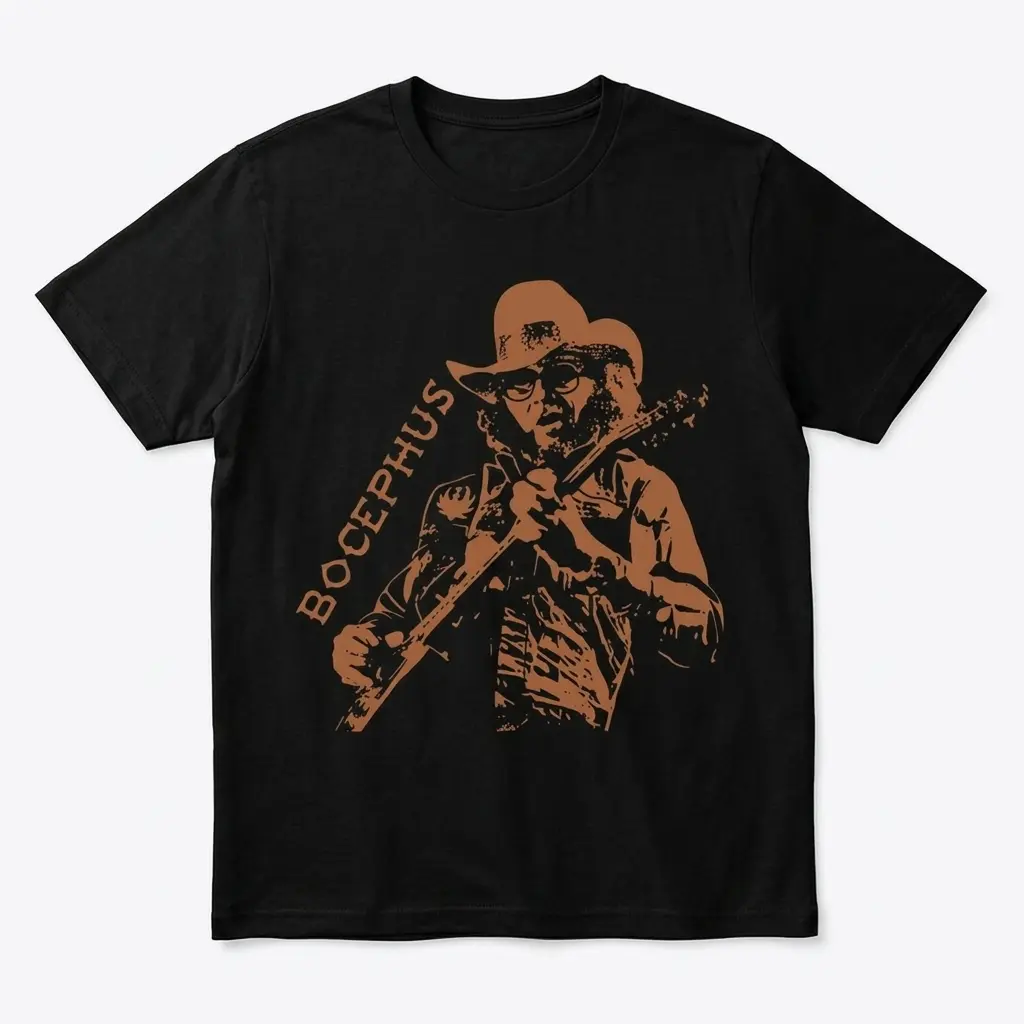 Vintage Bocephus Outlaw Country Music T-Shirt 1 Black t-shirt featuring a vintage Bocephus outlaw country design with a brown graphic of a musician in a cowboy hat.