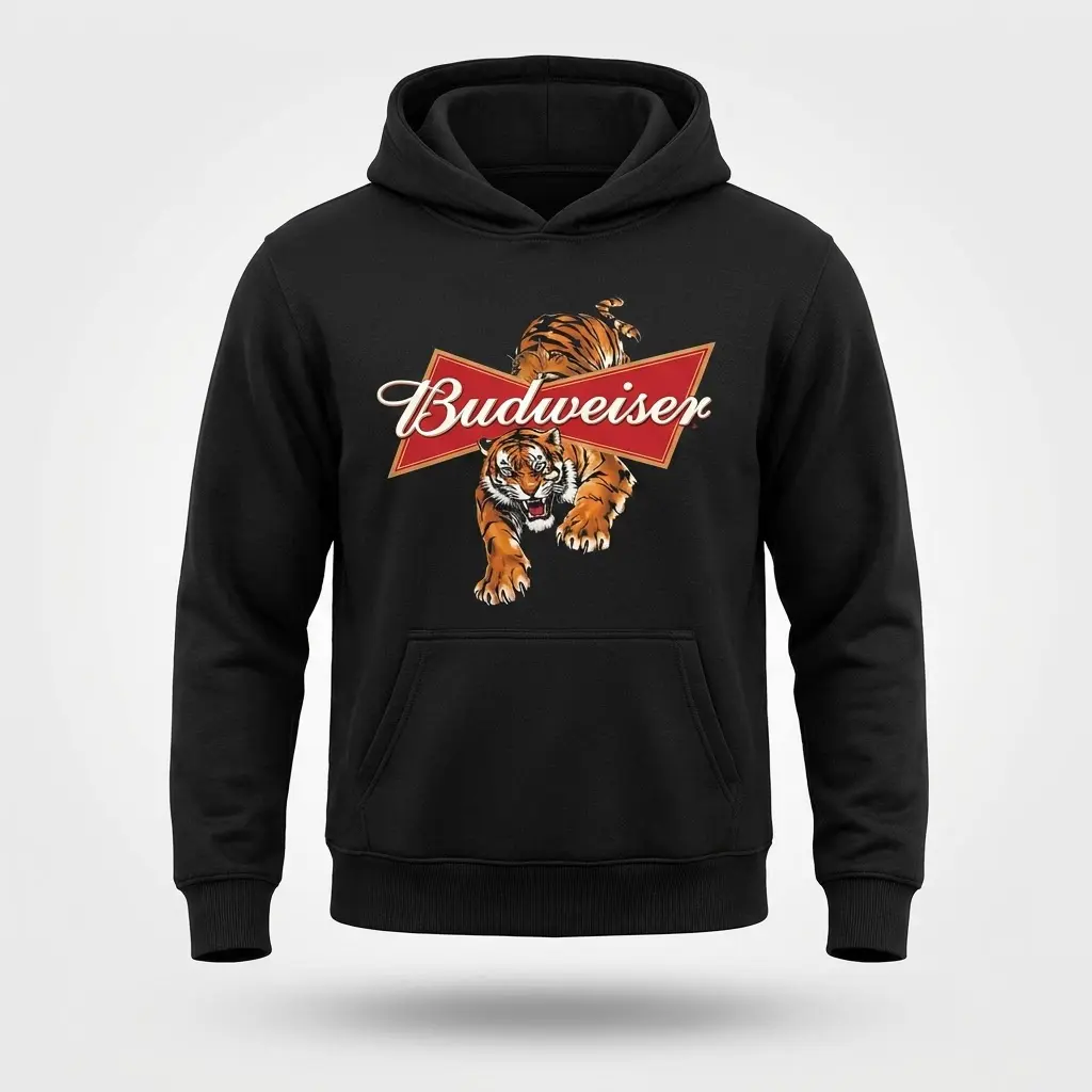 Vintage Budweiser Tiger Beer Logo Graphic T-Shirt 2 Black hoodie displaying a vintage Budweiser beer logo with a tiger aggressively emerging from the design.