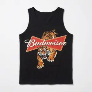 Vintage Budweiser Tiger Beer Logo Graphic T-Shirt 8 Black tank top featuring a bootleg vintage graphic of a tiger breaking through the classic Budweiser logo.