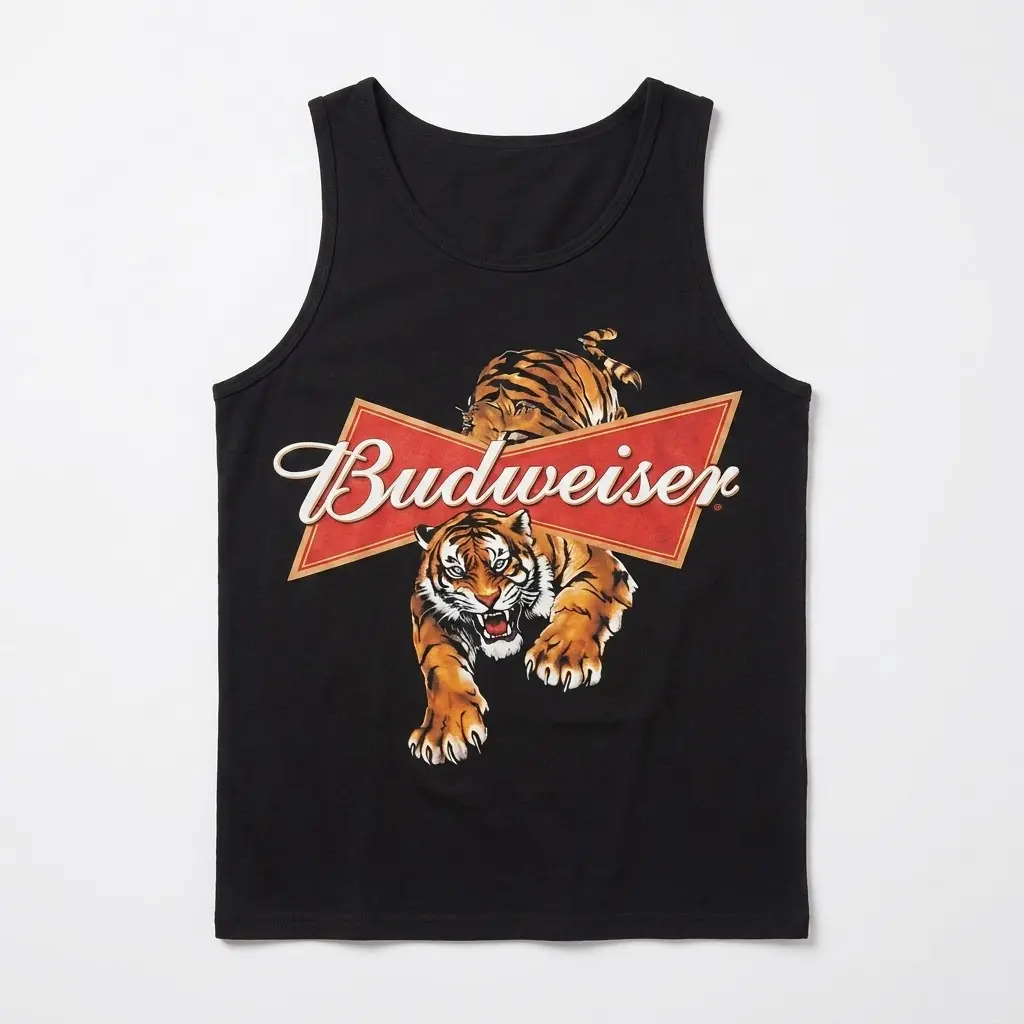 Vintage Budweiser Tiger Beer Logo Graphic T-Shirt 3 Black tank top featuring a bootleg vintage graphic of a tiger breaking through the classic Budweiser logo.