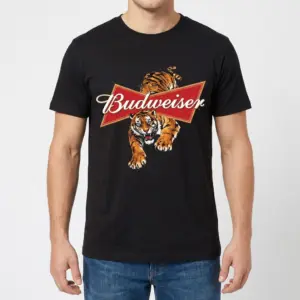 Vintage Budweiser Tiger Beer Logo Graphic T-Shirt 9 Man wearing the black t-shirt, showcasing the vintage 90s bootleg tiger graphic breaking through a retro Budweiser logo.