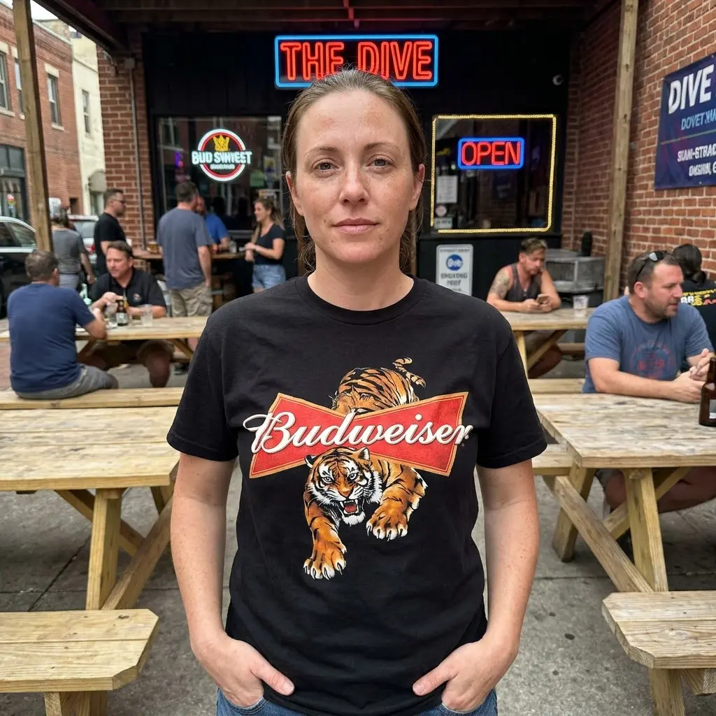 Vintage Budweiser Tiger Beer Logo Graphic T-Shirt 6 The black t-shirt with its classic Budweiser logo and prominent tiger graphic is shown in a relaxed lifestyle scene.