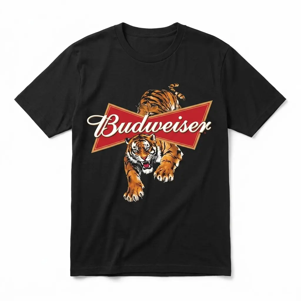 Vintage Budweiser Tiger Beer Logo Graphic T-Shirt 1 Black t-shirt with a vintage Budweiser logo graphic featuring a fierce tiger bursting through.