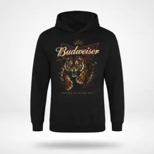 Vintage Budweiser Tiger King of Beers T-Shirt 7 Black hoodie showcasing the retro beer-inspired design of a fierce charging tiger and "Budweiser King of Beers" text, presented flat.