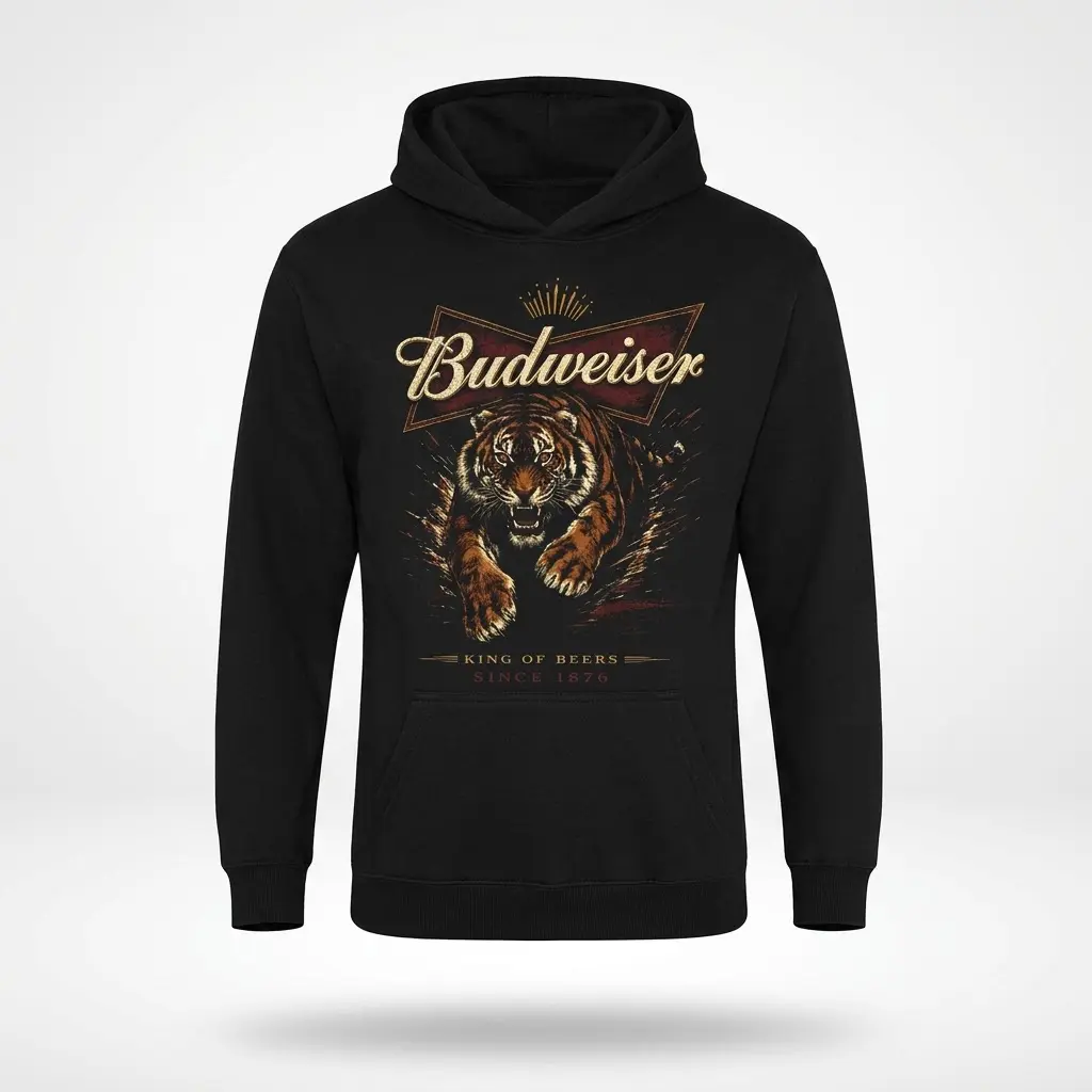 Black hoodie showcasing the retro beer-inspired design of a fierce charging tiger and "Budweiser King of Beers" text, presented flat.