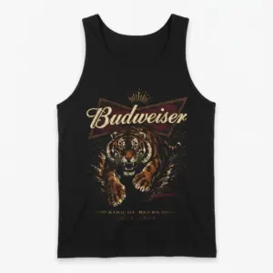 Vintage Budweiser Tiger King of Beers T-Shirt 8 Front flatlay of a black tank top featuring the bold vintage-style Budweiser tiger graphic with "King of Beers" below.
