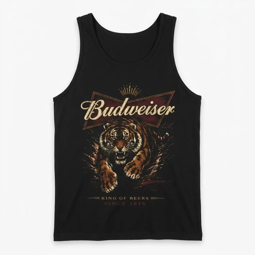 Front flatlay of a black tank top featuring the bold vintage-style Budweiser tiger graphic with "King of Beers" below.