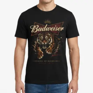 Vintage Budweiser Tiger King of Beers T-Shirt 9 The black Vintage Budweiser Tiger T-shirt, front view, showcasing the vintage tiger and "King of Beers" parody design.