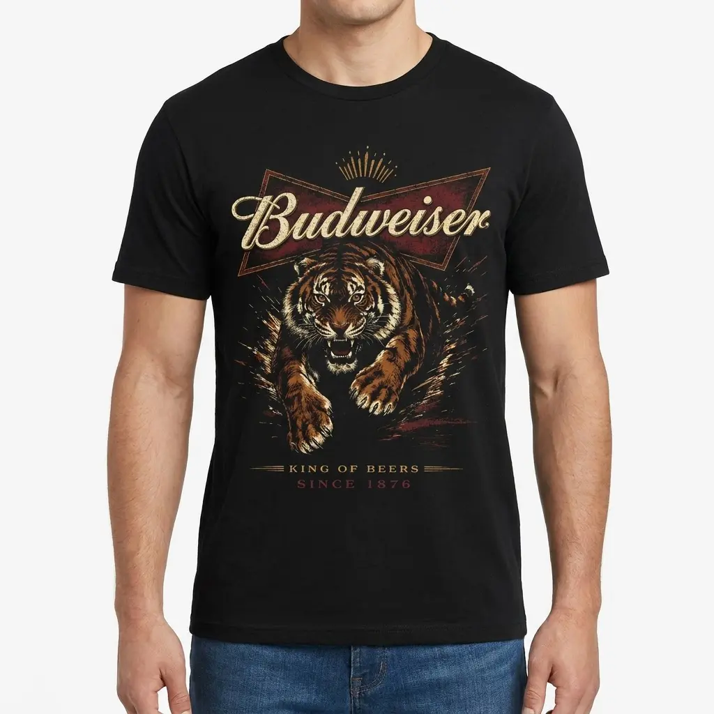 The black Vintage Budweiser Tiger T-shirt, front view, showcasing the vintage tiger and "King of Beers" parody design.
