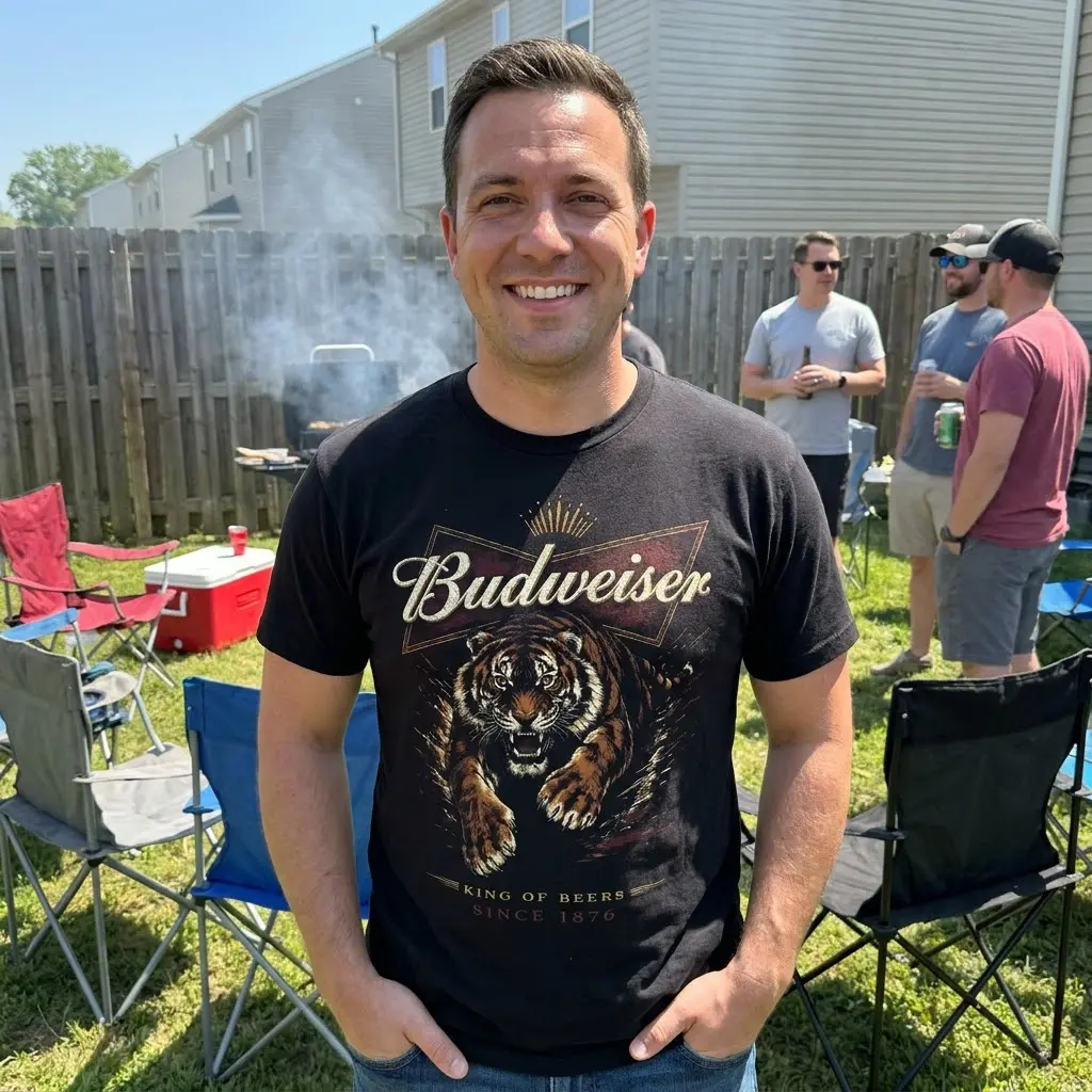 Black t-shirt displaying the full vintage Budweiser Tiger parody design, perfect for beer humor and bold animal graphics.