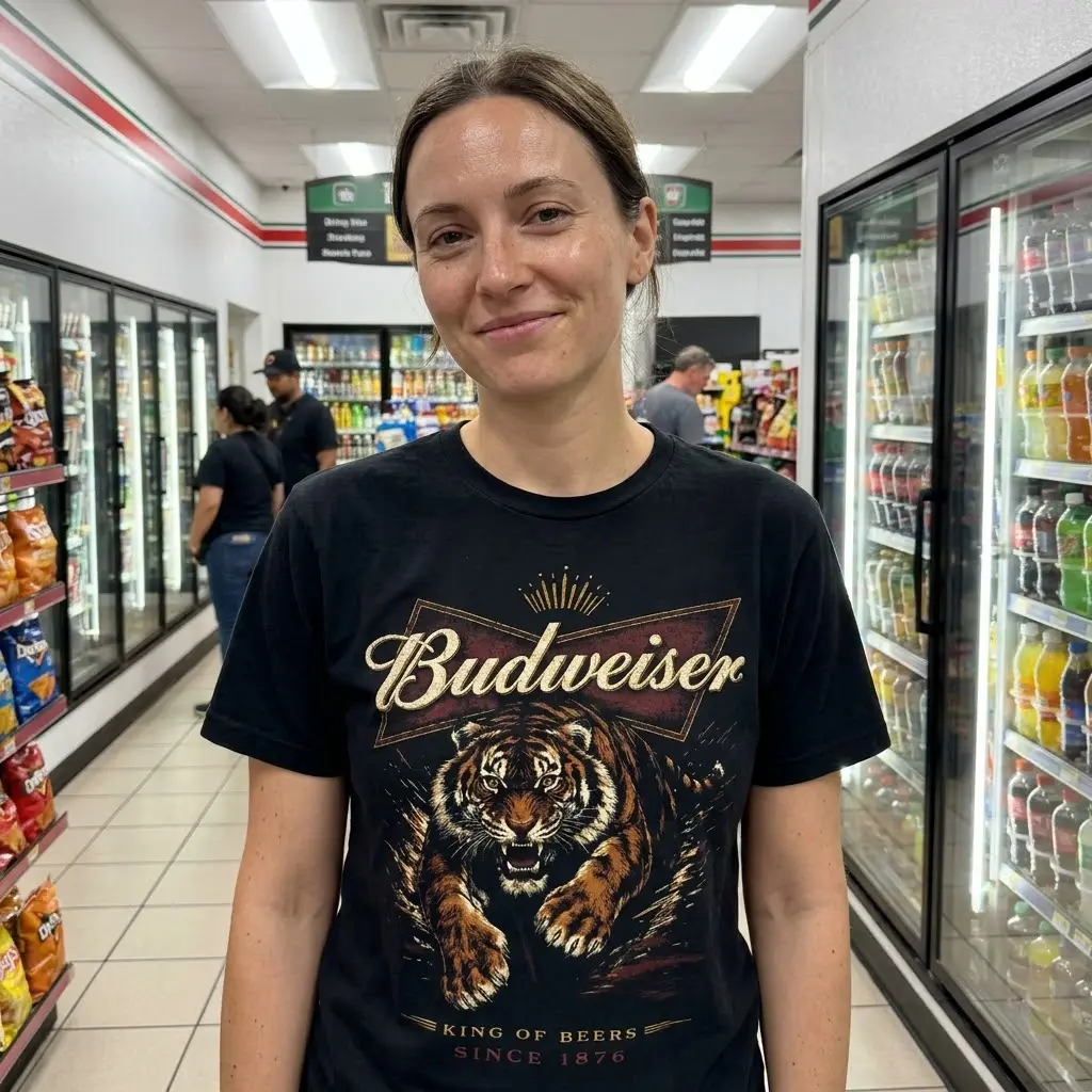 This black tee features a retro beer-inspired charging tiger graphic, with "Budweiser King of Beers" text for a cheeky vibe.