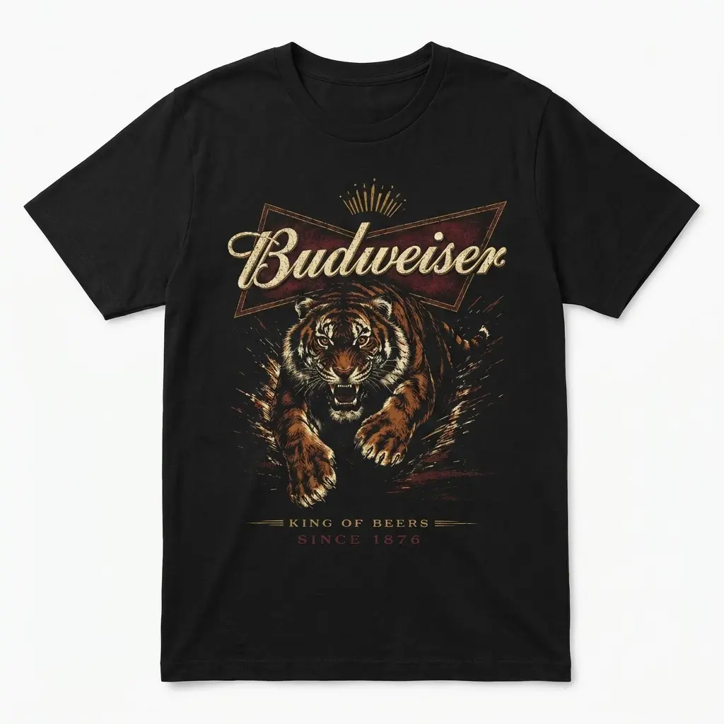 Black t-shirt with a vintage-style Budweiser parody design, featuring a charging tiger and "King of Beers Since 1876" text, displayed flat.